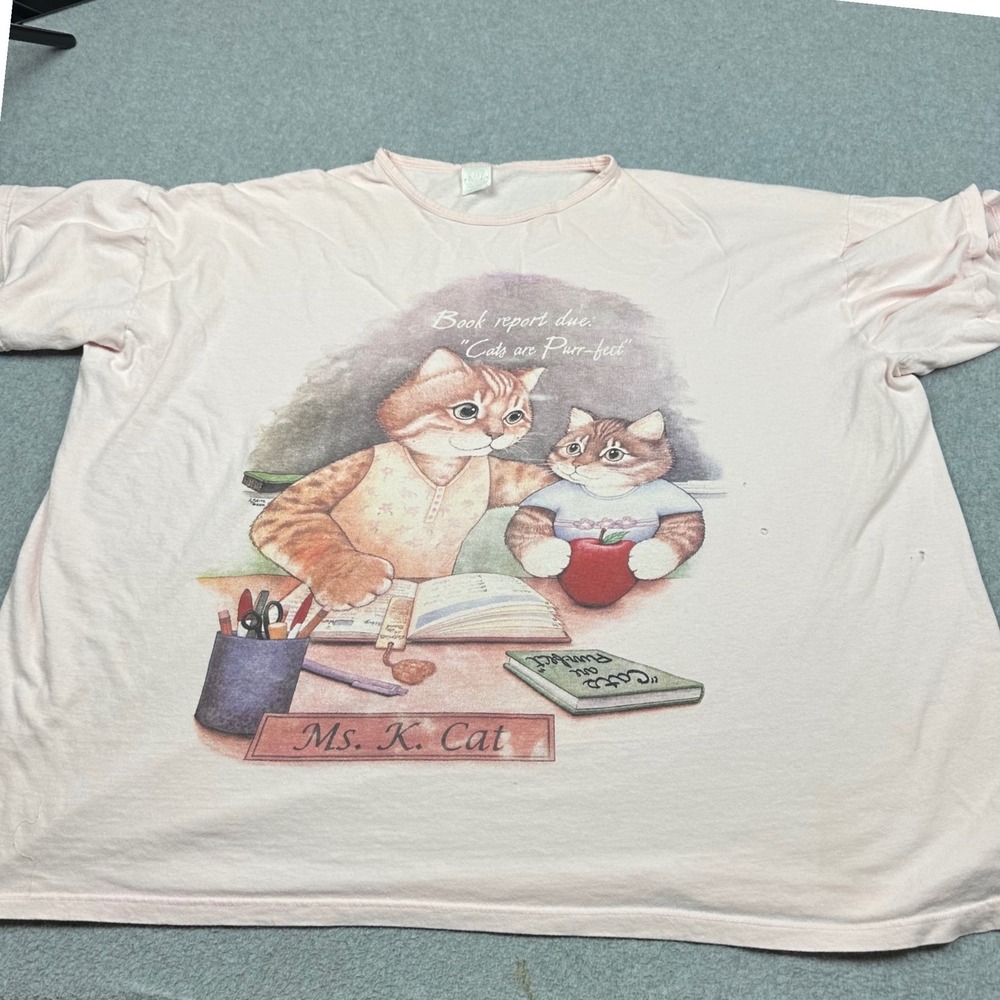 Vtg Katz Ms K Cat Pink Graphic T-Shirt One Size 1X 2X 3X Purr-fect Teacher